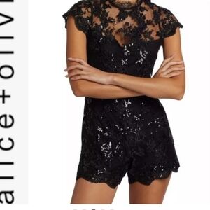 Alice & Olivia- Aliana Black Lace and sequenced short romper. 🔥🔥